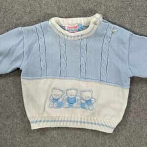 Vintage Small Steps Teddy Bear Sweater Baby Boy 3/6 Month Blue/White Knit Button
